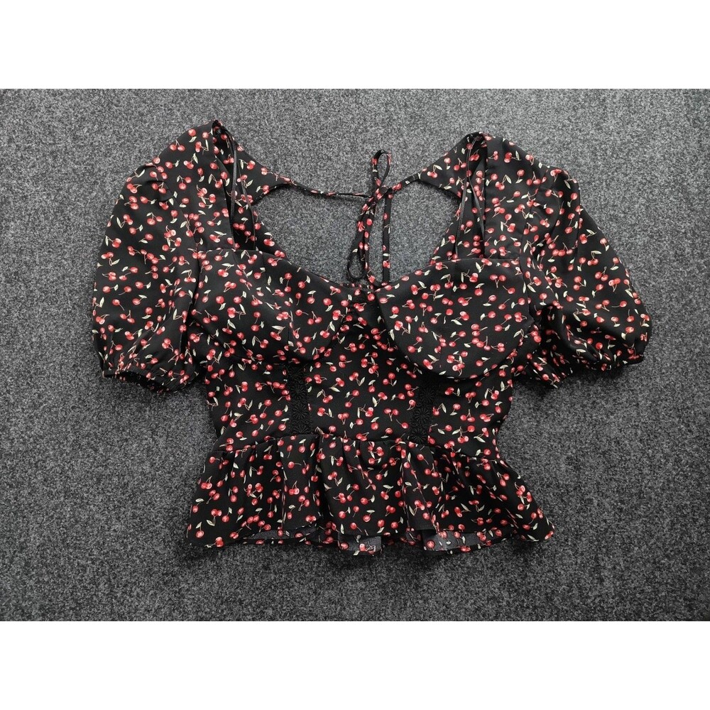Milk and Honey Cherry Print Smocked Peplum Crop Top with Puff Sleeves